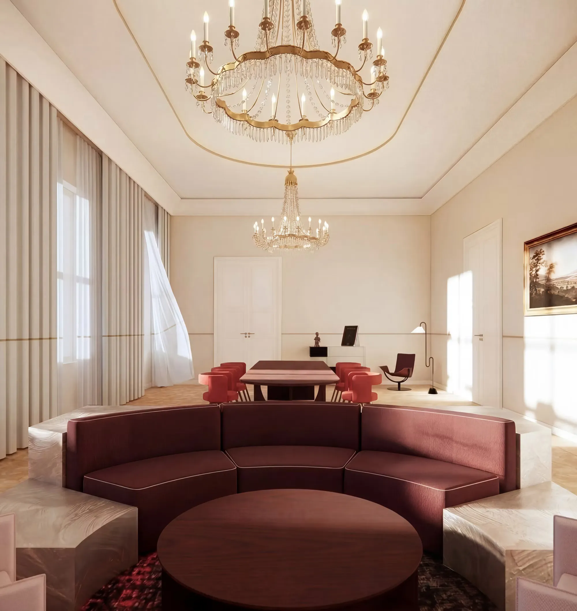 Wettbewerbsvisualisierung eines Salons in Schloss Bellevue mit einer gebogenen roten Sitzgruppe