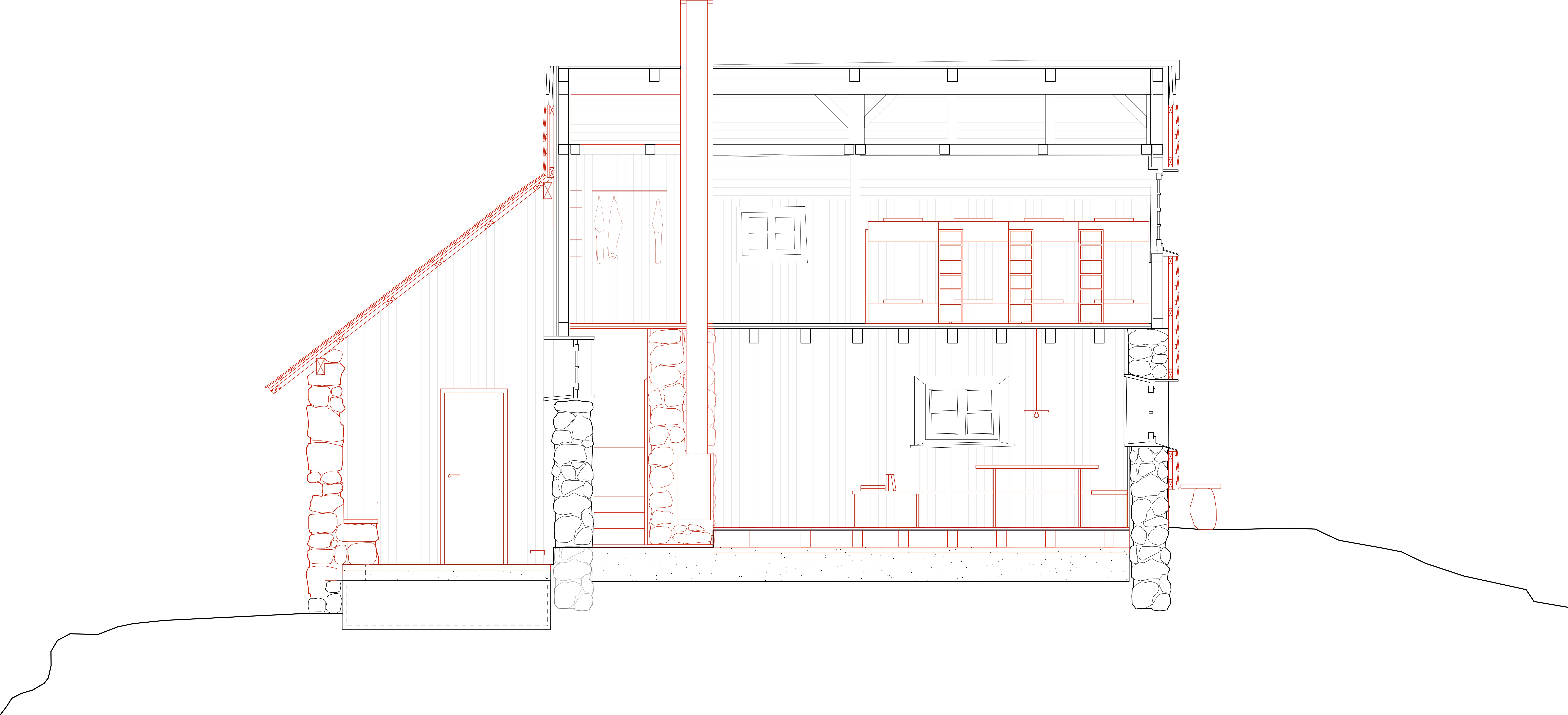 Long section through the hut