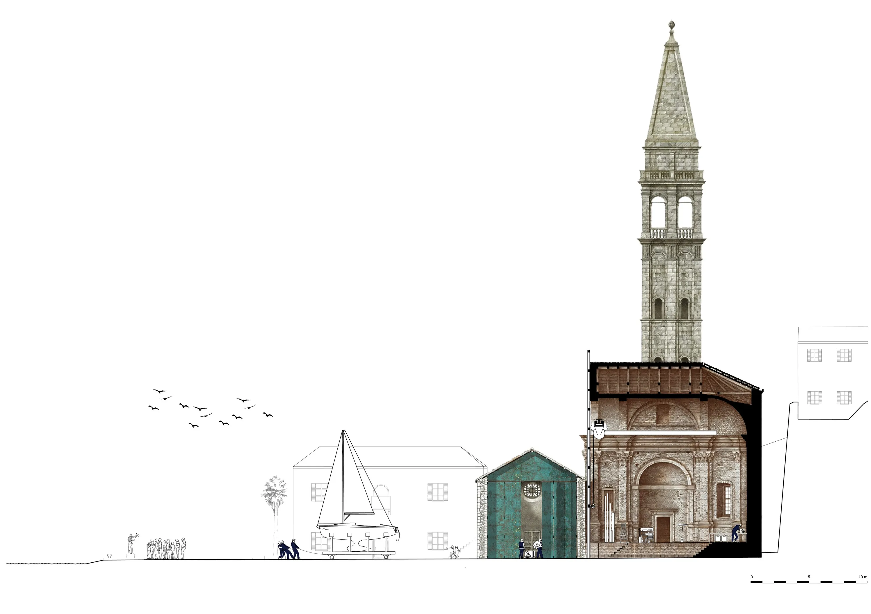 Section through the church and waterfront